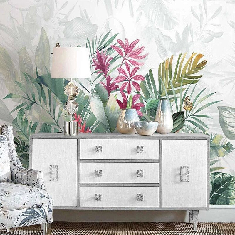 custom-mural-wallpaper-papier-peint-papel-de-parede-wall-decor-ideas-for-bedroom-living-room-dining-room-wallcovering-Hand-Painted-Tropical-Plant-Flower-Banana-Leaf-Abstract-Art-Wall