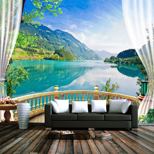 custom-3d-photo-wallpaper-balcony-window-blue-sky-white-clouds-lake-forest-scenery-living-room-sofa-tv-backdrop-mural-wall-paper