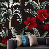 custom-mural-wallpaper-papier-peint-papel-de-parede-wall-decor-ideas-for-bedroom-living-room-dining-room-wallcovering-Beautiful-Red-Flowers-Tropical-Leaves