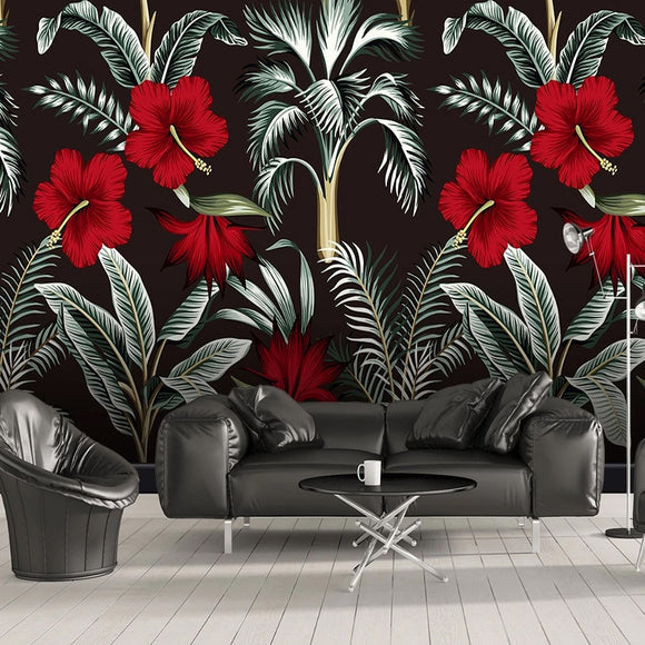 custom-mural-wallpaper-papier-peint-papel-de-parede-wall-decor-ideas-for-bedroom-living-room-dining-room-wallcovering-Beautiful-Red-Flowers-Tropical-Leaves