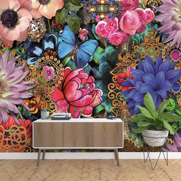 Custom Wallpaper Mural Colorful Flower Butterfly Wall Decor | BVM Home