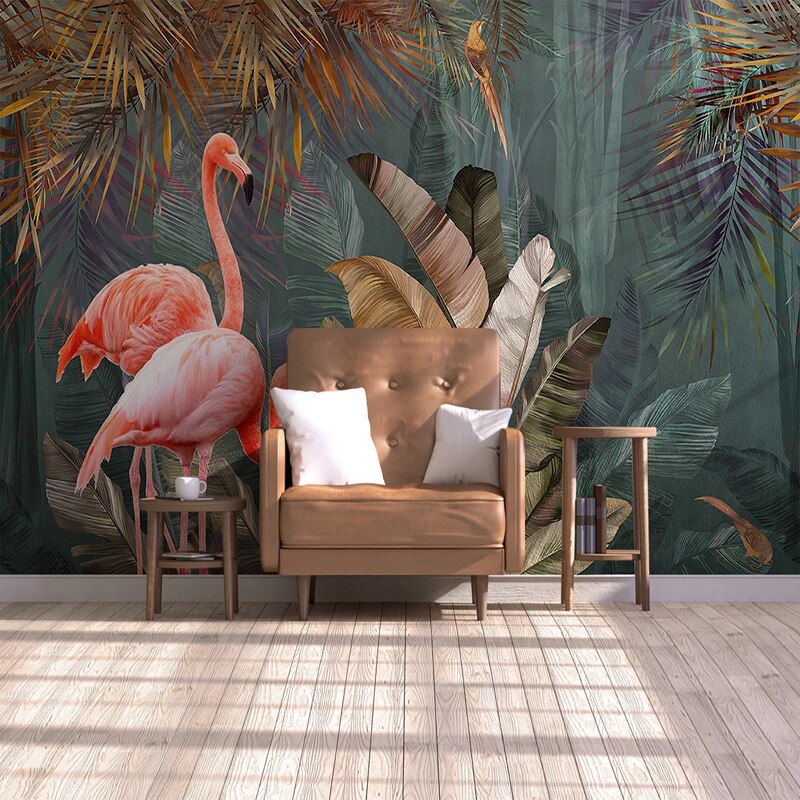 Custom Mural Wallpaper Tropical Banana Leaf Flamingo | BVM Home