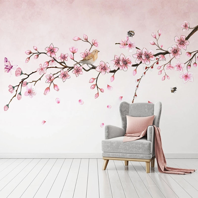 custom-mural-wallpaper-papier-peint-papel-de-parede-wall-decor-ideas-for-wallcovering-Self-Adhesive-Pink-flowers-butterflies-bird