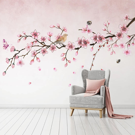 custom-mural-wallpaper-papier-peint-papel-de-parede-wall-decor-ideas-for-wallcovering-Self-Adhesive-Pink-flowers-butterflies-bird