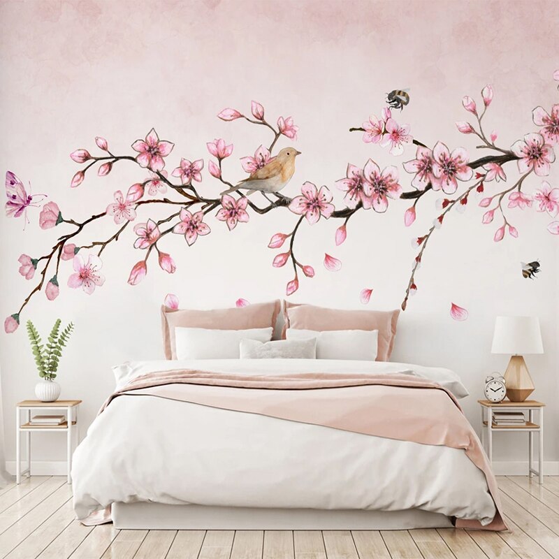 custom-mural-wallpaper-papier-peint-papel-de-parede-wall-decor-ideas-for-wallcovering-Self-Adhesive-Pink-flowers-butterflies-bird