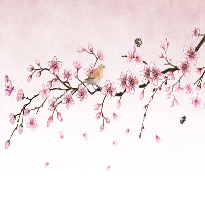 custom-mural-wallpaper-papier-peint-papel-de-parede-wall-decor-ideas-for-wallcovering-Self-Adhesive-Pink-flowers-butterflies-bird