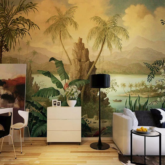 custom-3d-wallpaper-art-wall-mural-european-style-retro-landscape-oil-painting-tropical-rainforest-banana-coconut-tree-wallpaper