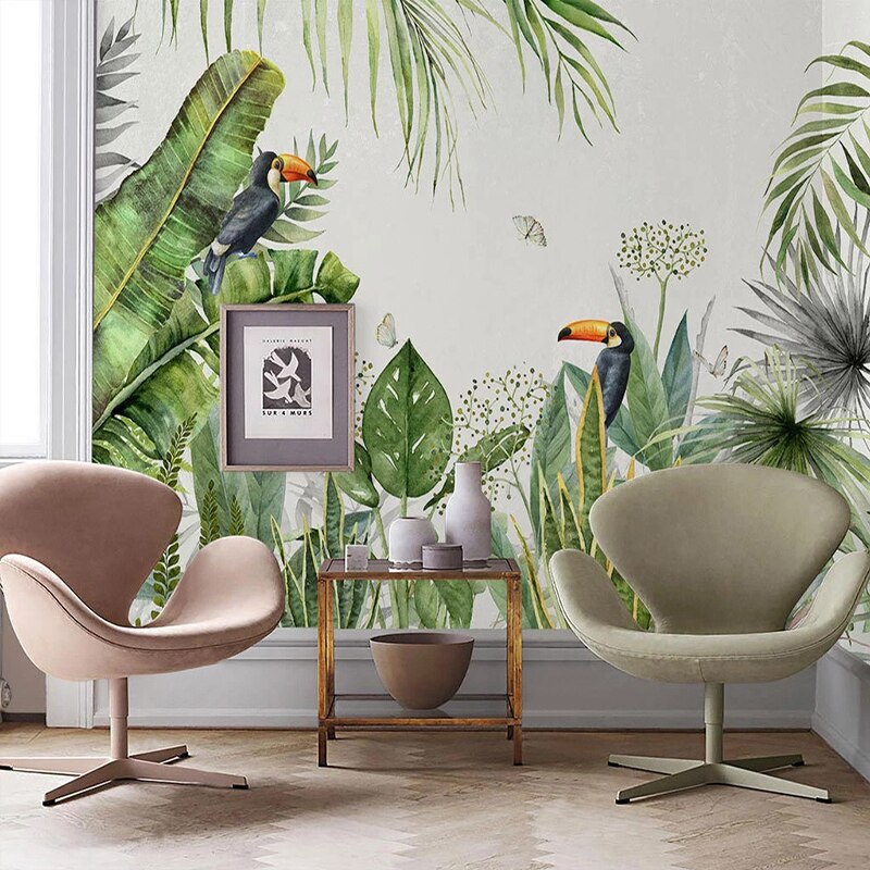 Custom Wallpaper Mural Banana Leaf Flowers Parrots | BVM Home