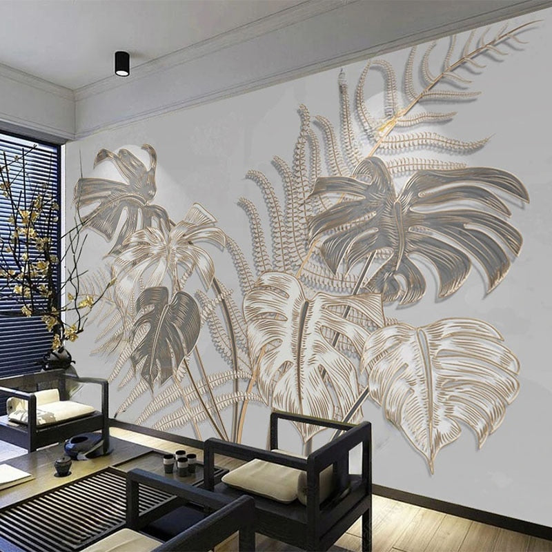 custom-mural-wallpaper-papier-peint-papel-de-parede-wall-decor-ideas-for-bedroom-living-room-dining-room-wallcovering-Golden-Embossed-Lines-Leaves