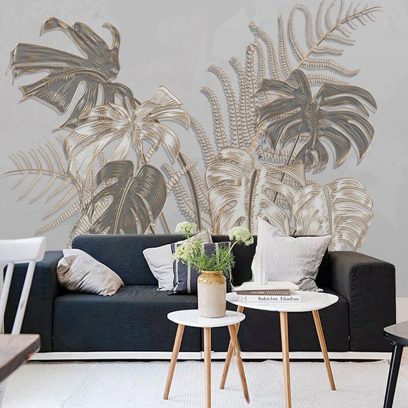 custom-mural-wallpaper-papier-peint-papel-de-parede-wall-decor-ideas-for-bedroom-living-room-dining-room-wallcovering-Golden-Embossed-Lines-Leaves