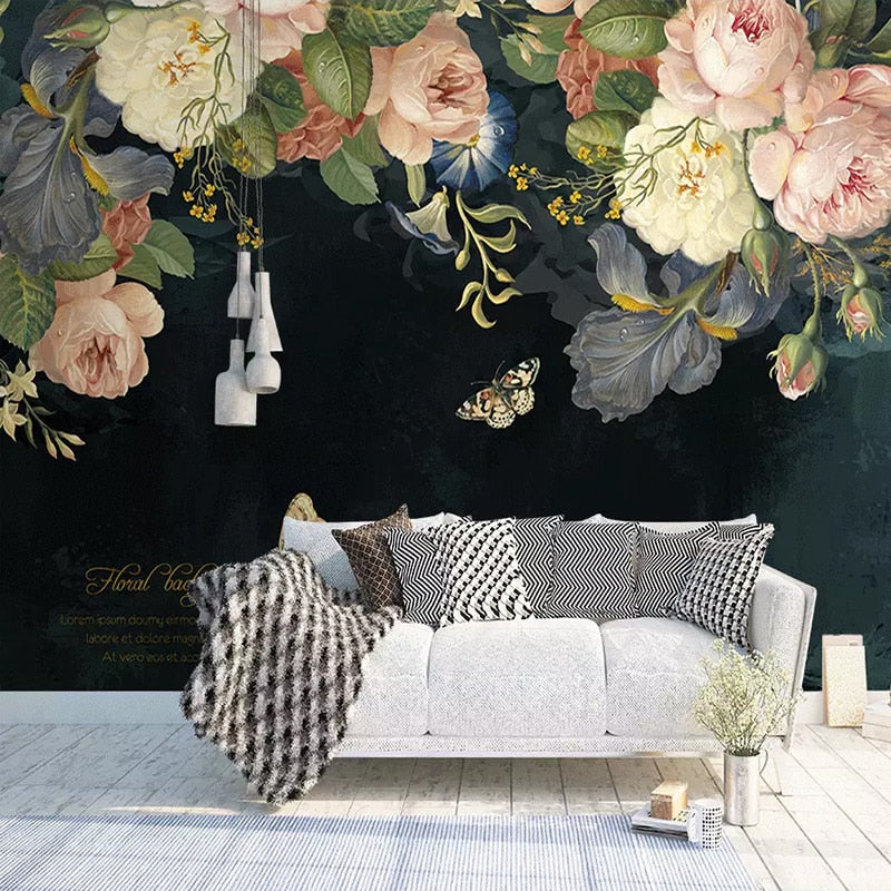 custom-3d-wallpaper-silk-cloth-waterproof-canvas-murals-wall-painting-pastoral-floral-flower-oil-painting-black-mural-wallpaper
