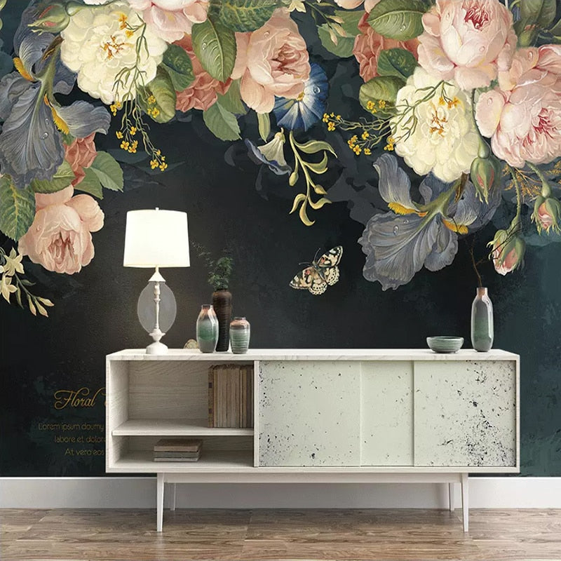 custom-3d-wallpaper-silk-cloth-waterproof-canvas-murals-wall-painting-pastoral-floral-flower-oil-painting-black-mural-wallpaper