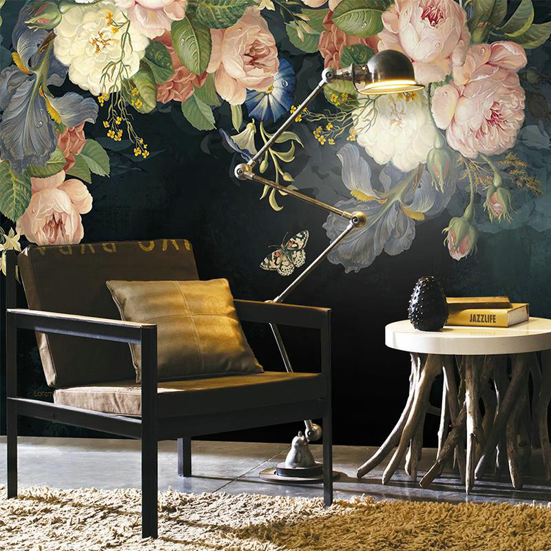 custom-3d-wallpaper-silk-cloth-waterproof-canvas-murals-wall-painting-pastoral-floral-flower-oil-painting-black-mural-wallpaper