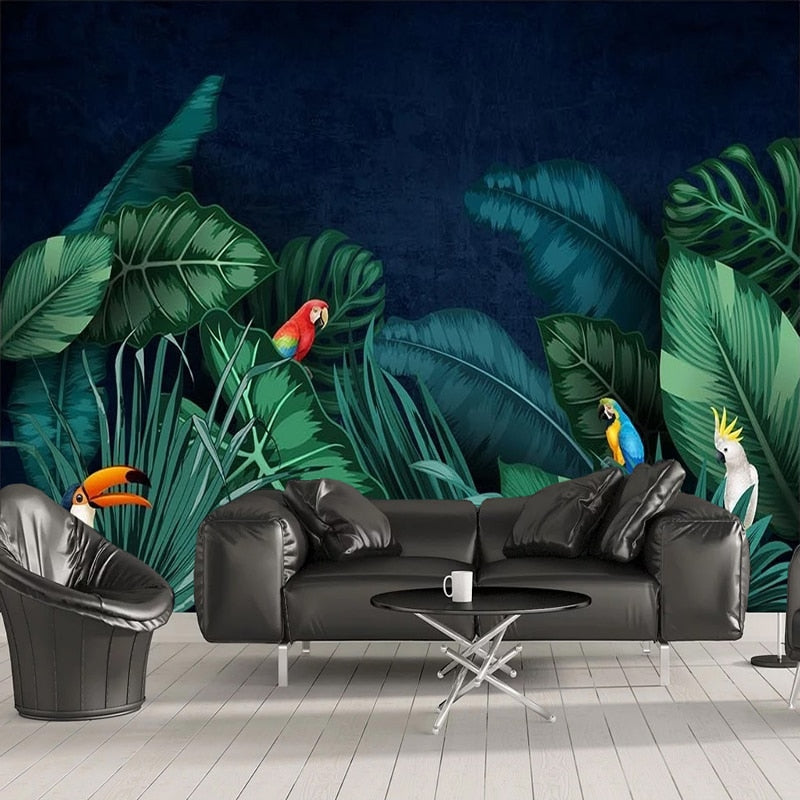 custom-mural-wallpaper-papier-peint-papel-de-parede-wall-decor-ideas-for-bedroom-living-room-dining-room-wallcovering-Hand-Painted-Tropical-Plant-Flower-Banana-Leaf-Parrot