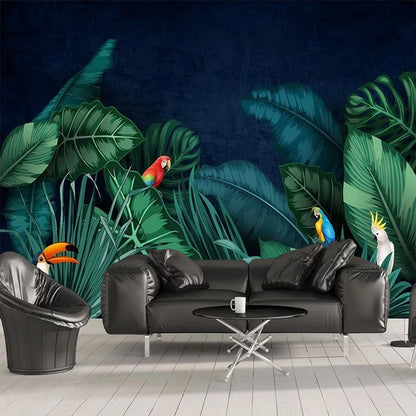 custom-mural-wallpaper-papier-peint-papel-de-parede-wall-decor-ideas-for-bedroom-living-room-dining-room-wallcovering-Hand-Painted-Tropical-Plant-Flower-Banana-Leaf-Parrot