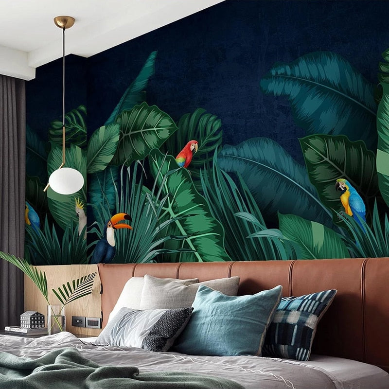 custom-mural-wallpaper-papier-peint-papel-de-parede-wall-decor-ideas-for-bedroom-living-room-dining-room-wallcovering-Hand-Painted-Tropical-Plant-Flower-Banana-Leaf-Parrot