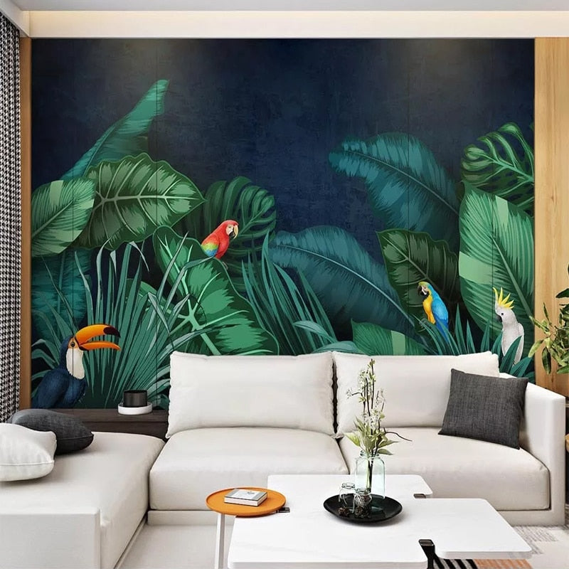 custom-mural-wallpaper-papier-peint-papel-de-parede-wall-decor-ideas-for-bedroom-living-room-dining-room-wallcovering-Hand-Painted-Tropical-Plant-Flower-Banana-Leaf-Parrot