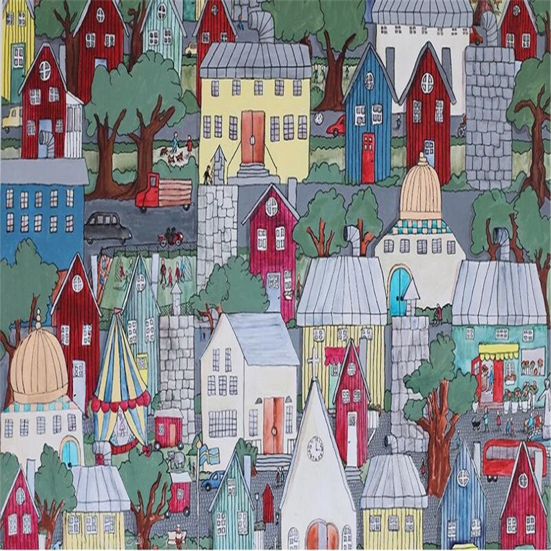 custom-wallpaper-mural-wall-covering-wall-decor-wall-decal-wall-sticker-nursery-decor-kids-room-children's-room-daycare-kindergarten-ideas-cartoon-european-city-papier-peint