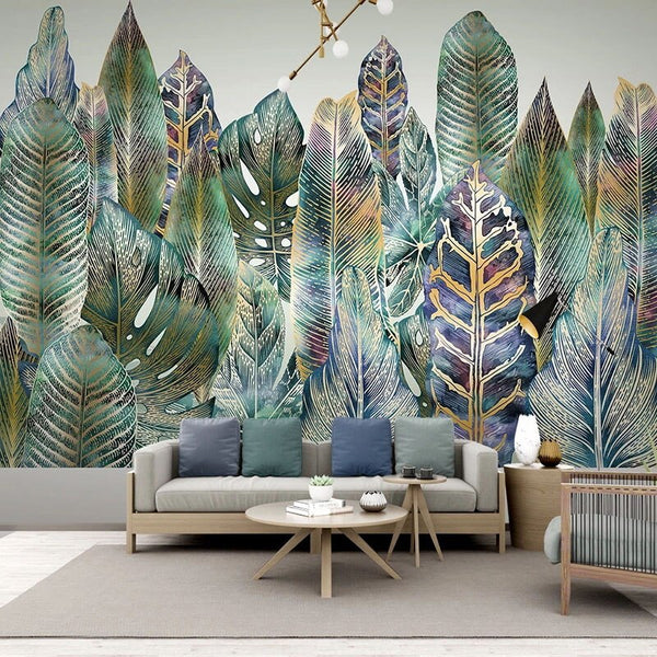 Custom Wallpaper Mural Tropical Plant Leaf Line Drawing | BVM Home