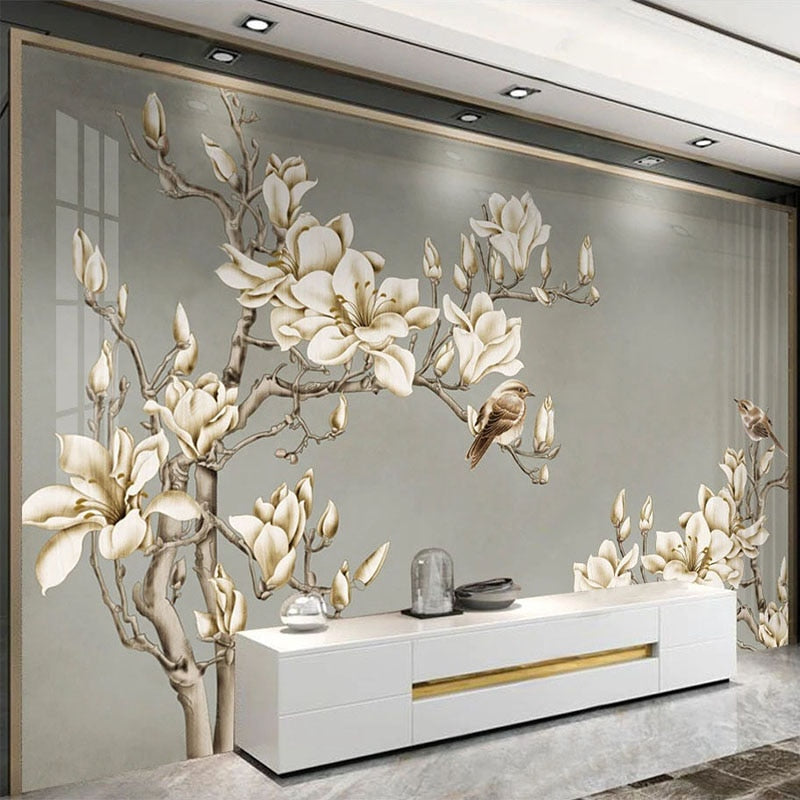 Custom Chinese-Style Flowers and Birds Wallpaper Mural – Elegant Hand-Painted Peel & Stick Wall Decor for Living Room or Bedroom