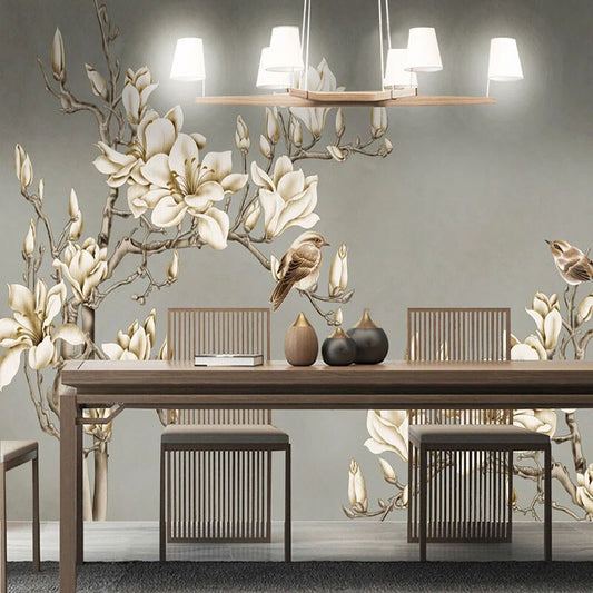Custom Chinese-Style Flowers and Birds Wallpaper Mural – Elegant Hand-Painted Peel & Stick Wall Decor for Living Room or Bedroom