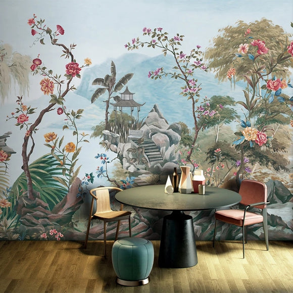 custom-any-size-mural-wallpaper-hand-painted-vintage-courtyard-tropical-plant-art-background-wall-painting-papel-de-parede-wall-covering-papier-peint