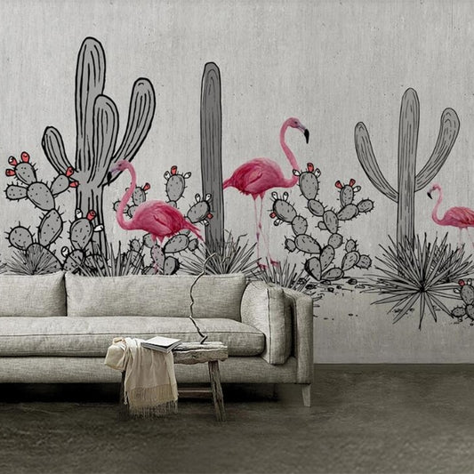 custom-mural-wallpaper-papier-peint-papel-de-parede-wall-decor-ideas-for-bedroom-living-room-dining-room-wallcovering-Hand-Painted-Nordic-Flamingo-Cactus-pink