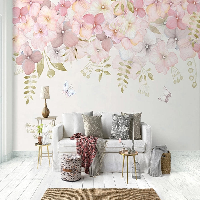 custom-mural-wallpaper-papier-peint-papel-de-parede-wall-decor-ideas-for-bedroom-dining-room-wallcovering-Hand-Painted-Flowers-Wall-Painting-Living-Room-Kids-Bedroom-romantic-pink-flowers