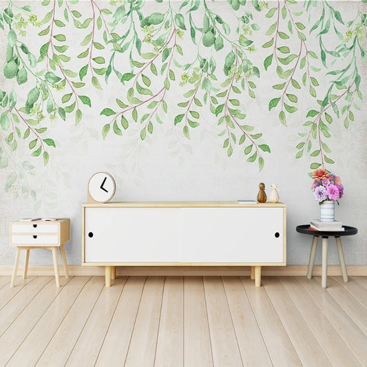 custom-mural-wallpaper-papier-peint-papel-de-parede-wall-decor-ideas-for-bedroom-living-room-dining-room-wallcovering-Hand-Painted-watercolor-pastoral-Green-Leaves