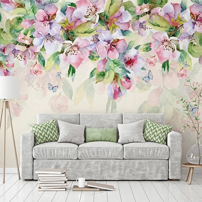 Custom Mural Wallpaper Watercolor Pink Flowers Green Leaf | BVM Home