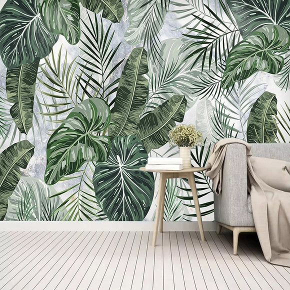 custom-mural-wallpaper-papier-peint-papel-de-parede-wall-decor-ideas-for-bedroom-living-room-dining-room-wallcovering-3D-Hand-Drawn-Tropical-Plants-green-Leaves