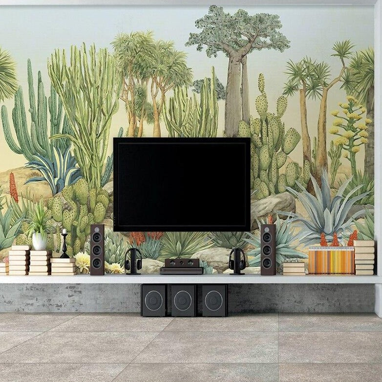 Custom Mural Wallpaper Cactus Tree Green Leaf Wallcovering | BVM Home