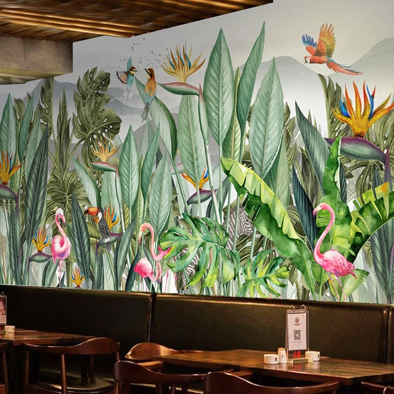 Custom Mural Wallpaper Tropical Plant Leaf Flowers Birds | BVM Home