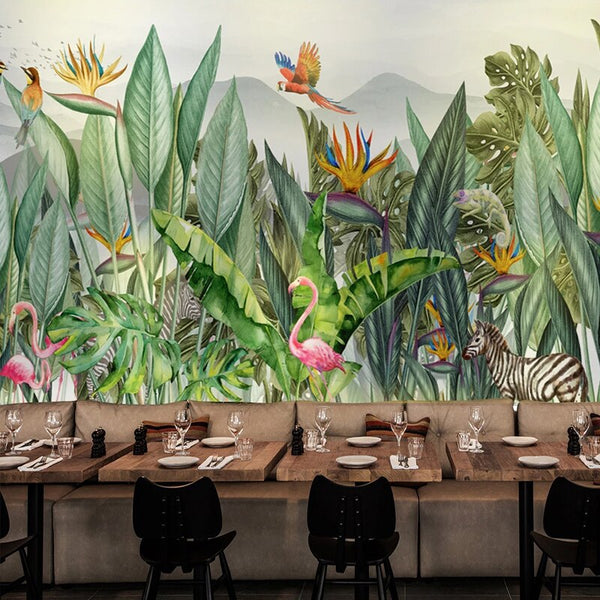 Custom Mural Wallpaper Tropical Plant Leaf Flowers Birds | BVM Home