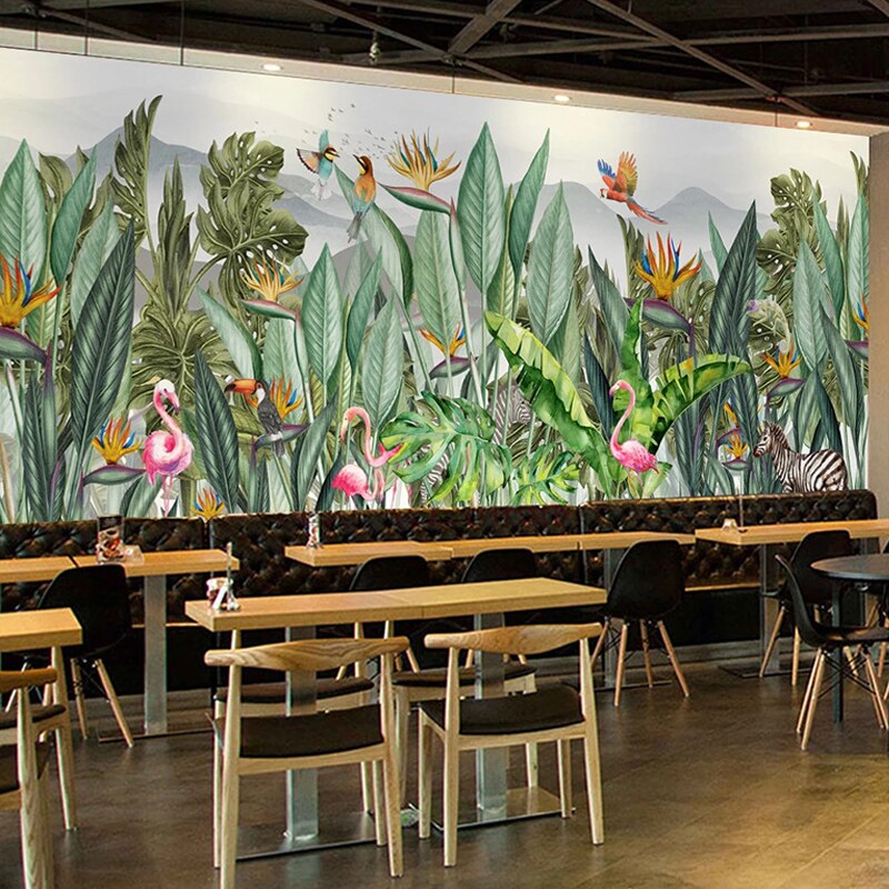custom-mural-wallpaper-hand-painted-tropical-rain-forest-southeast-asia-plant-leaf-flowers-and-birds-fresco-restaurant-wallpaper-papier-peint