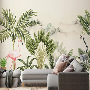 custom-mural-wallpaper-papier-peint-papel-de-parede-wall-decor-ideas-for-bedroom-living-room-dining-room-wallcovering-Flamingo-Hand-Painted-Tropical-Rainforest-Plant-Landscape