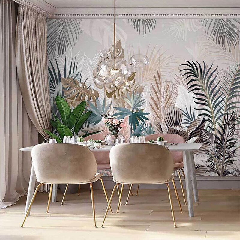 custom-mural-wallpaper-papier-peint-papel-de-parede-wall-decor-ideas-for-bedroom-living-room-dining-room-wallcovering-3D-Hand-Drawn-Tropical-Plants-Rainforest-Leaves