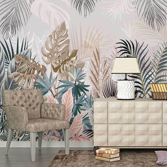 custom-mural-wallpaper-papier-peint-papel-de-parede-wall-decor-ideas-for-bedroom-living-room-dining-room-wallcovering-3D-Hand-Drawn-Tropical-Plants-Rainforest-Leaves