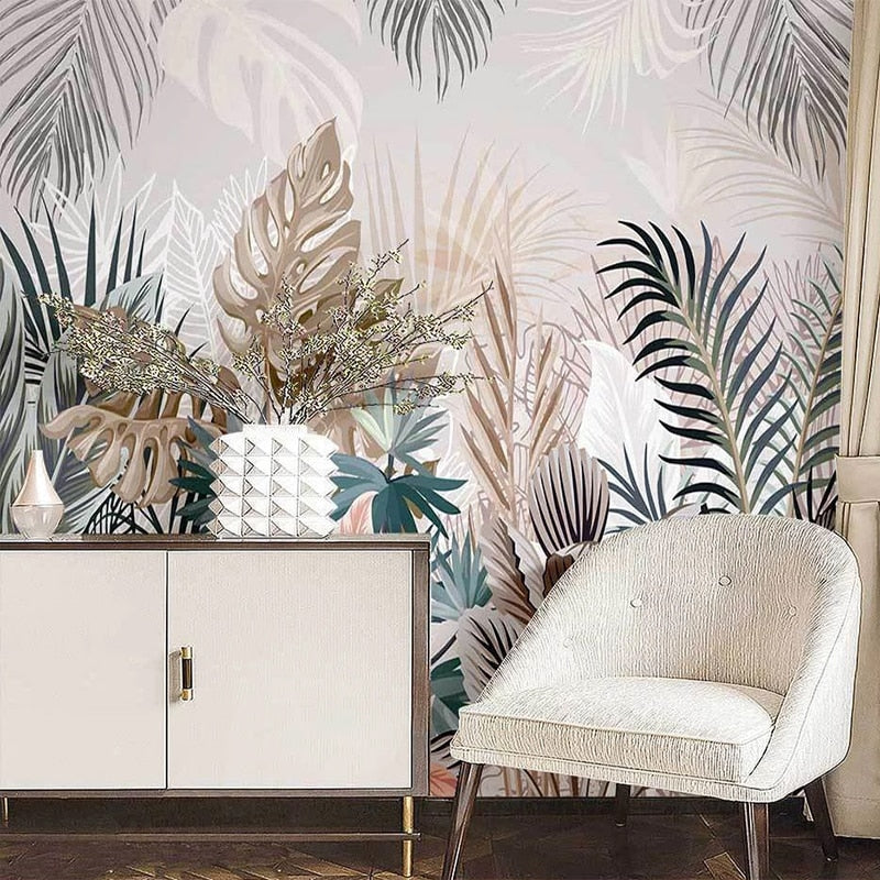 custom-mural-wallpaper-papier-peint-papel-de-parede-wall-decor-ideas-for-bedroom-living-room-dining-room-wallcovering-3D-Hand-Drawn-Tropical-Plants-Rainforest-Leaves