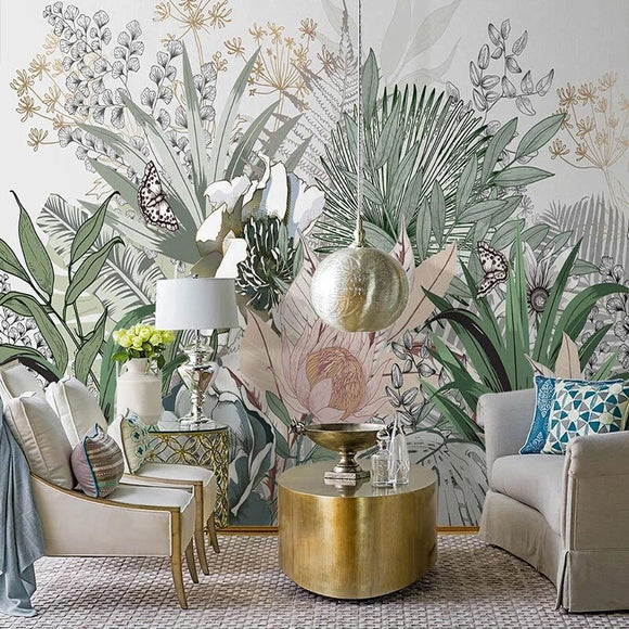 custom-mural-wallpaper-papier-peint-papel-de-parede-wall-decor-ideas-for-bedroom-living-room-dining-room-wallcovering-Nordic-Hand-Painted-Tropical-Plants-Rainforest-Palm-Leaves-Abstract-Plant