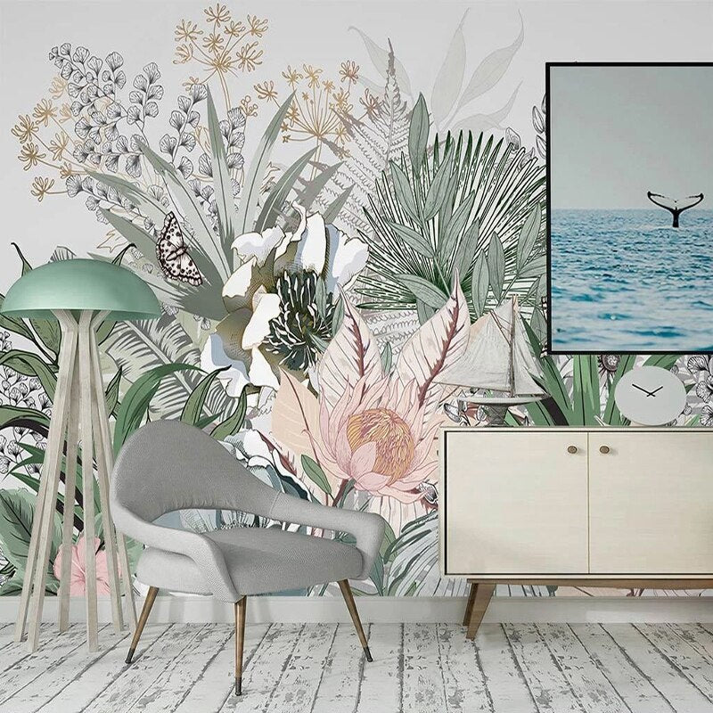 custom-mural-wallpaper-papier-peint-papel-de-parede-wall-decor-ideas-for-bedroom-living-room-dining-room-wallcovering-Nordic-Hand-Painted-Tropical-Plants-Rainforest-Palm-Leaves-Abstract-Plant