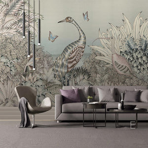 custom-mural-wallpaper-papier-peint-papel-de-parede-wall-decor-ideas-for-wallcovering-Self-Adhesive-Retro-Tropical-Rain-Forest-Gray-Crane-Bird-Butterfly-Fresco