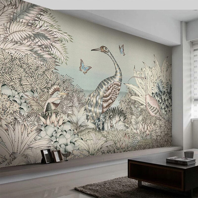 custom-mural-wallpaper-papier-peint-papel-de-parede-wall-decor-ideas-for-wallcovering-Self-Adhesive-Retro-Tropical-Rain-Forest-Gray-Crane-Bird-Butterfly-Fresco