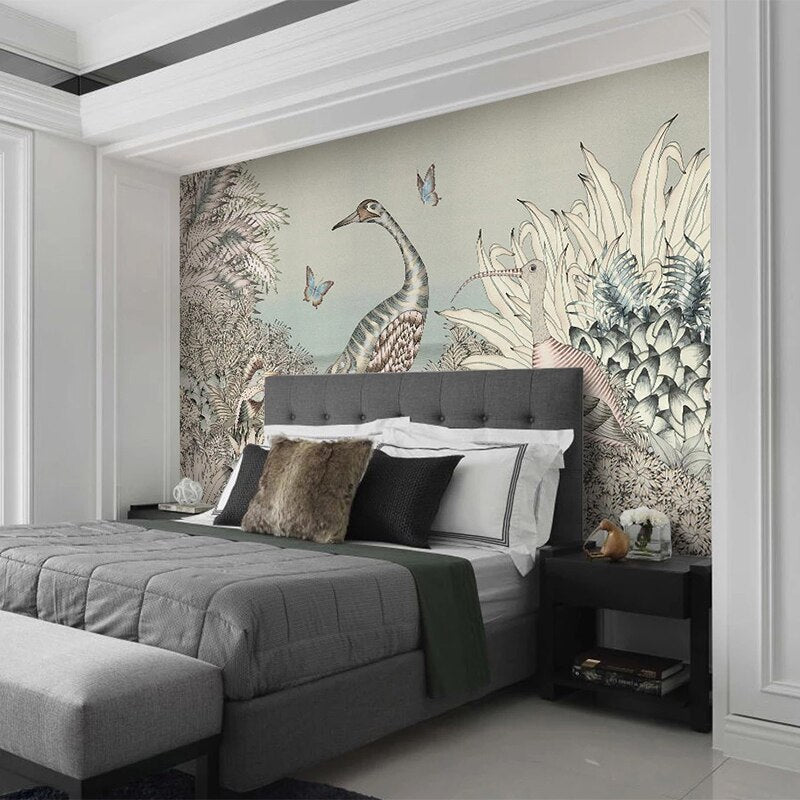 custom-mural-wallpaper-papier-peint-papel-de-parede-wall-decor-ideas-for-wallcovering-Self-Adhesive-Retro-Tropical-Rain-Forest-Gray-Crane-Bird-Butterfly-Fresco
