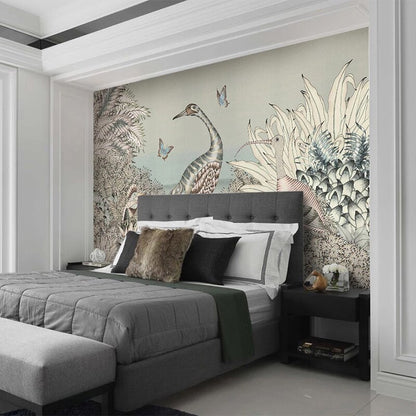 custom-mural-wallpaper-papier-peint-papel-de-parede-wall-decor-ideas-for-wallcovering-Self-Adhesive-Retro-Tropical-Rain-Forest-Gray-Crane-Bird-Butterfly-Fresco