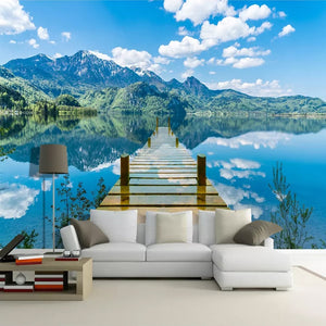 custom-mural-wallpaper-room-blue-sky-white-clouds-wooden-bridge-lake-water-nature-landscape-3d-creative-space-art-wall-painting