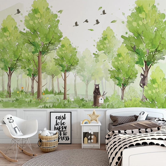 custom-photo-wallpaper-mural-3d-hand-painted-forest-green-tree-bird-kindergarten-children-room-bedroom-home-decor-papier-peint
