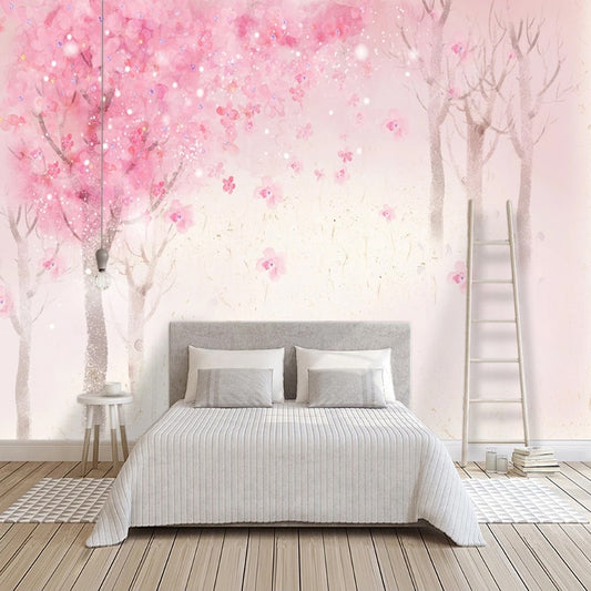 custom-mural-wallpaper-papier-peint-papel-de-parede-wall-decor-ideas-for-bedroom-living-room-dining-room-wallcovering-Romantic-Hand-Painted-Watercolor-Pink-Cherry-Trees-girls-room