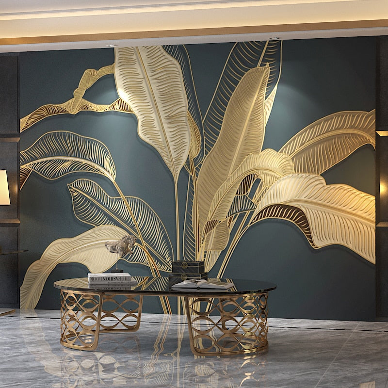 Custom Mural Wallpaper Retro Golden Banana Leaf Wall Decor | BVM Home