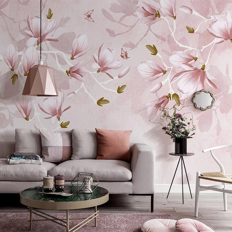 custom-mural-wallpaper-papier-peint-papel-de-parede-wall-decor-ideas-for-bedroom-living-room-dining-room-wallcovering-Hand-Painted-Pink-Flowers-Butterfly